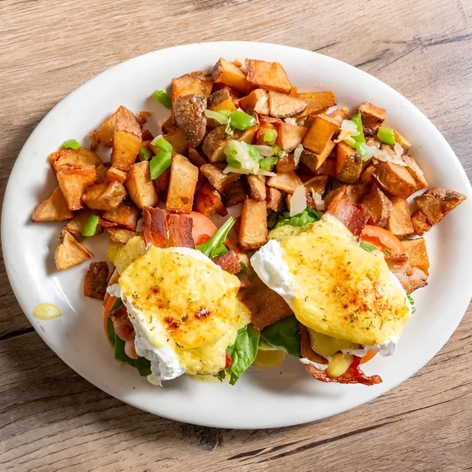 Eggs Benedict with crispy bacon, spinach, and tomatoes, served with a side of seasoned home fries.