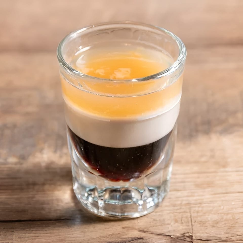 Layered shot glass with dark, white, and orange liquids on a wooden surface.