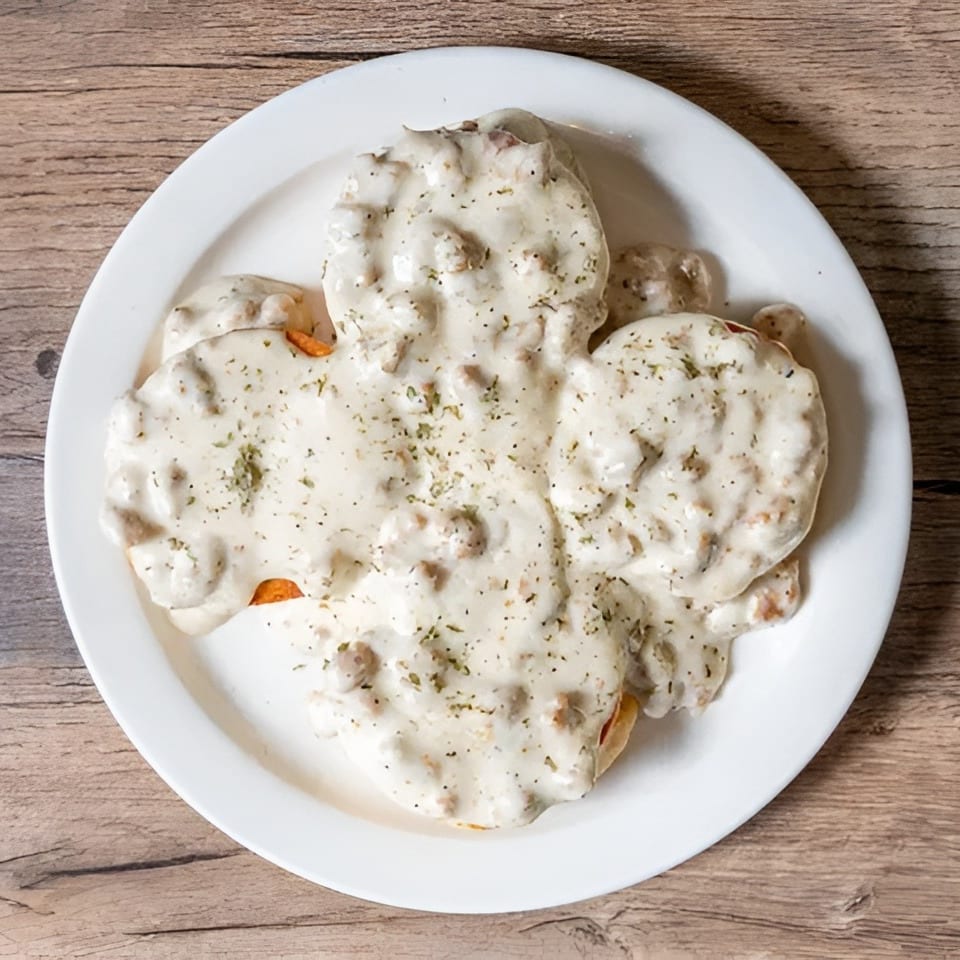 Biscuits and gravy on a white plate, topped with herbs, on a wooden table.