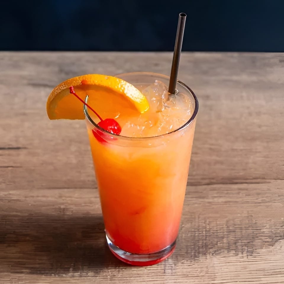 A vibrant orange and red cocktail with an orange slice and cherry garnish, on a wooden table.