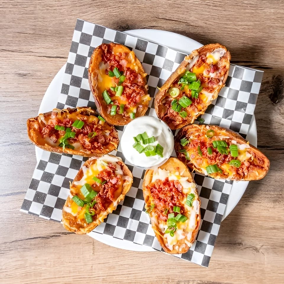 Six potato skins filled with melted cheese, bacon bits, and green onions, served with sour cream.