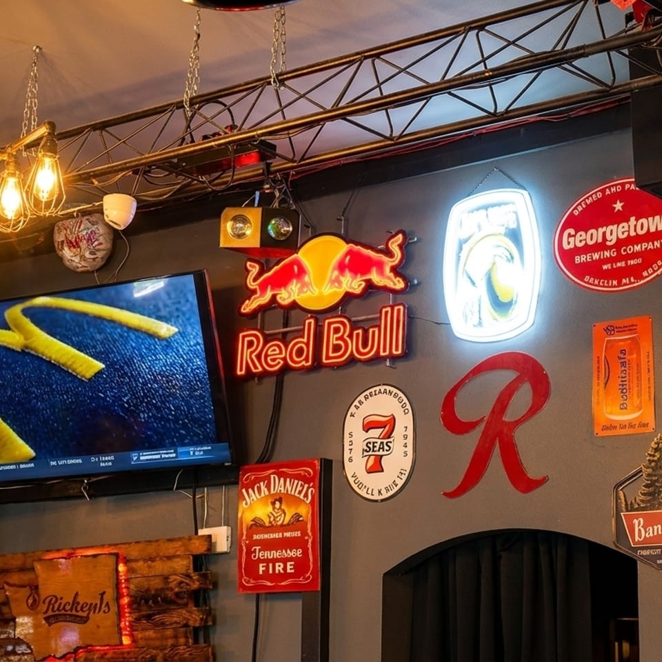 A bar interior with a TV displaying a McDonald's logo, surrounded by various neon and metal signs.